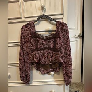 Pink Lily Floral Lace Blouse - Pink and Brown